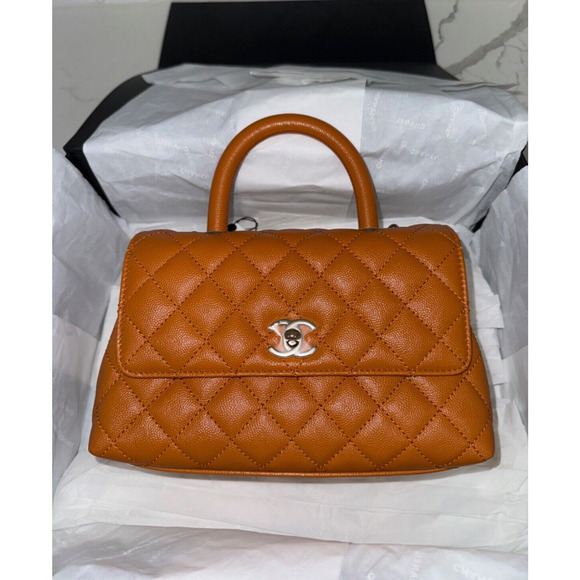 Chanel 21A Caramel Brown Caviar Mini Small Coco Handle CC Quilted Chain Flap Bag - Picture 2 of 16